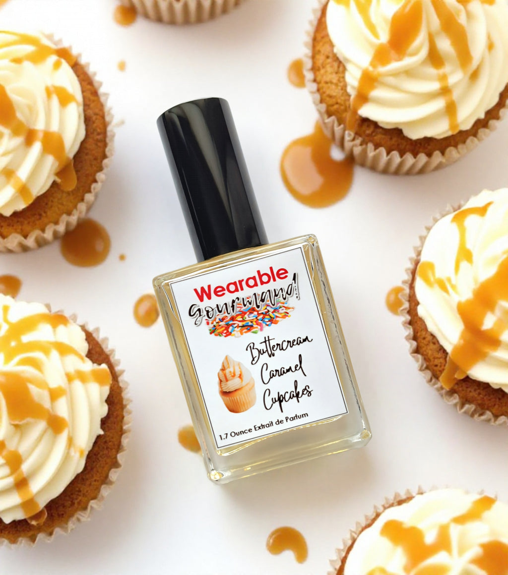 Buttercream Caramel Cupcakes Extrait de Parfum 1.7 oz — buttercream frosted vanilla cupcakes drizzled with caramel gourmand perfume by Wearable Gourmand