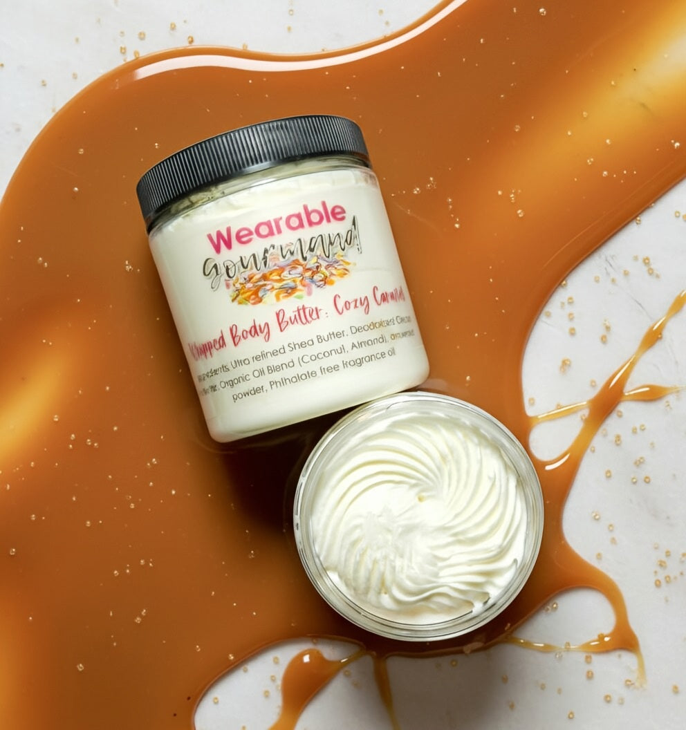 clean beauty, clean body care, gourmand body care, fragrance,  caramel lotion, caramel body care, whipped body butter, strong body care, strong lotion, strong body butter, scent layering, chemical free body care, chemical free body butter