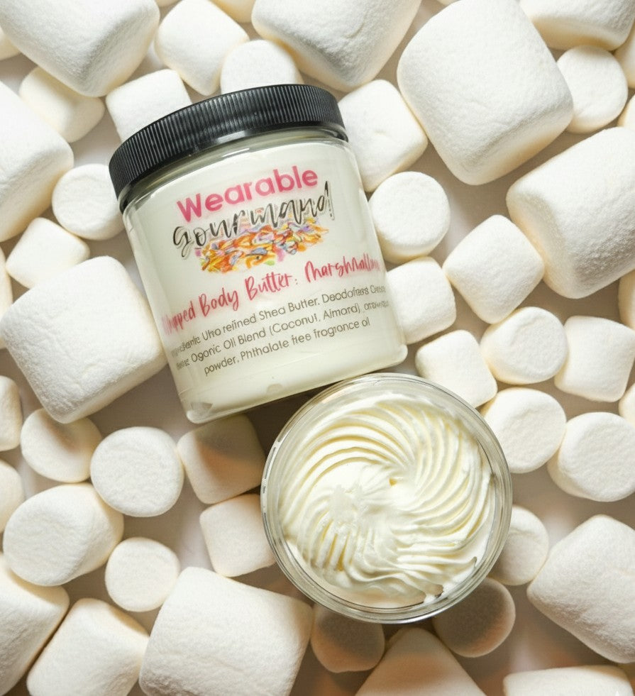 clean beauty, clean body care, gourmand body care, fragrance,  marshmallow lotion, marshmallow body care, whipped body butter, strong body care, strong lotion, strong body butter, scent layering, chemical free body care, chemical free body butter